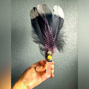 Small selenite smudge fan black silver feathers pyrite sulfur